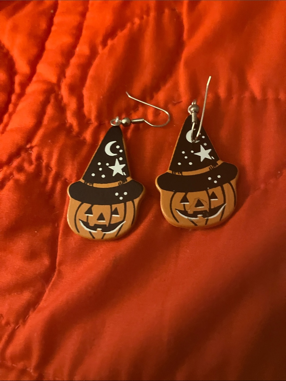Halloween Pumpkin Witch Hat Earrings - Orange and Black